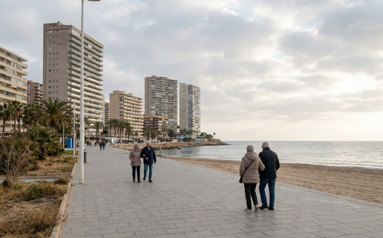 Hotels und Strandpromenade von Benidorm an der Costa Blanca in der Nebensaison