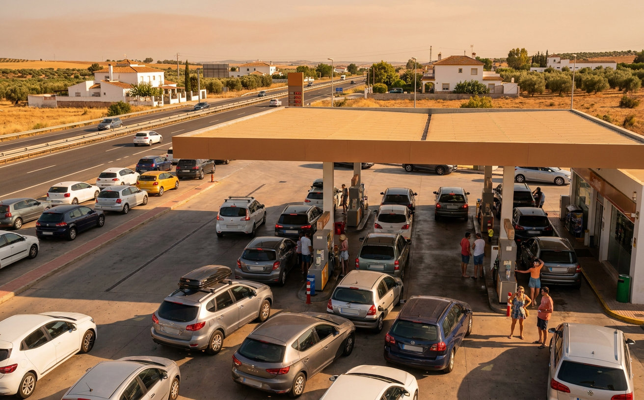 Autos an einer spanischen Tankstelle vor Preisanzeigen während des teuren Ferienrückreiseverkehrs