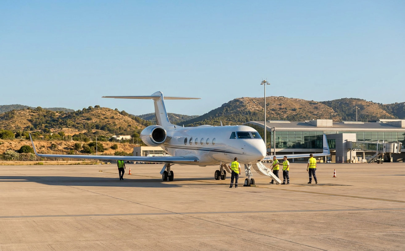 Privatjet auf dem Vorfeld des Flughafens Palma de Mallorca vor dem Terminal
