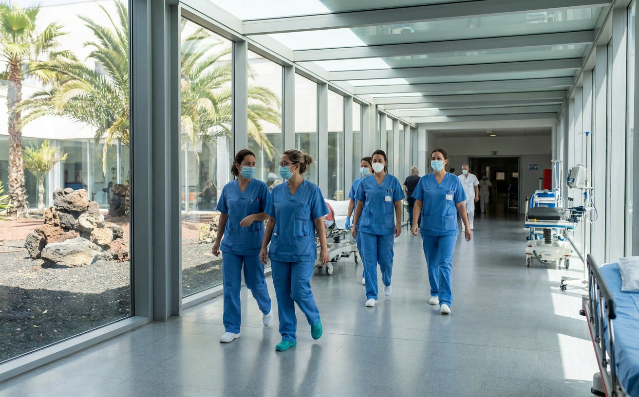 Pflegekräfte auf einem hellen Krankenhausflur auf den Kanarischen Inseln