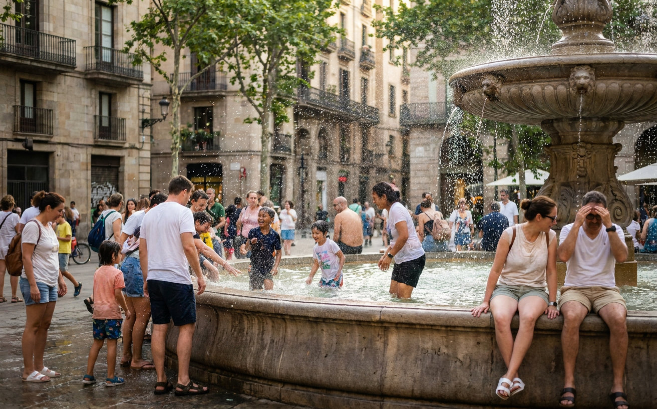 Ein Mann kühlt sich während der außergewöhnlichen September-Hitze an einem Brunnen in Barcelona ab