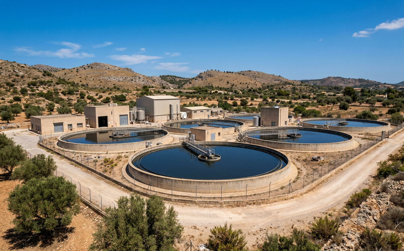 Klärbecken einer Abwasseranlage auf den Balearen mit technischen Gebäuden und mediterraner Landschaft