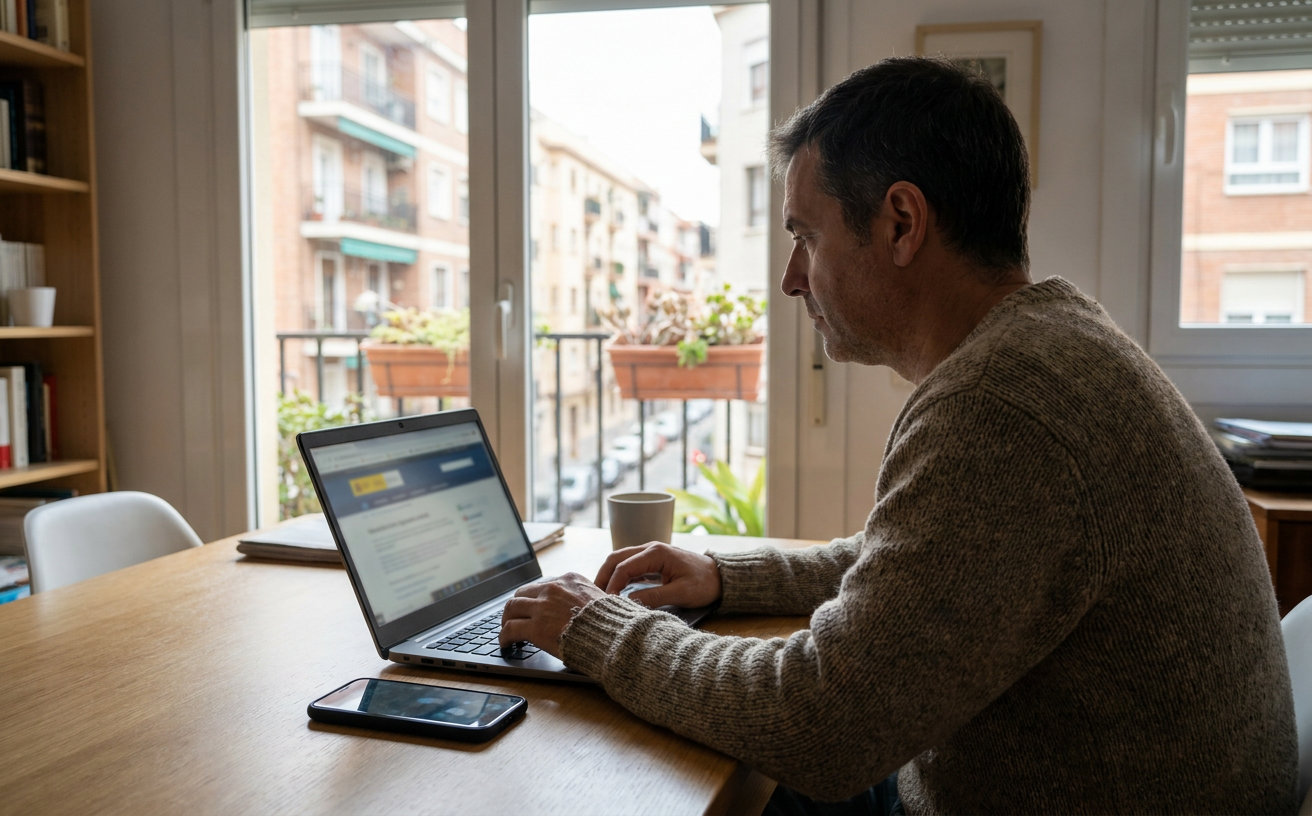 Frau prüft auf einem Laptop das Onlineportal der spanischen Seguridad Social