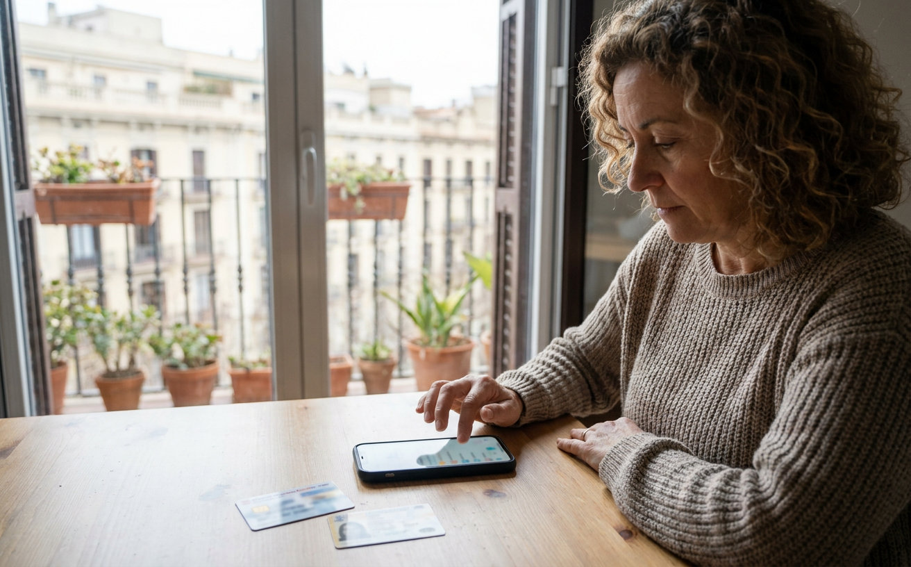 La Meva Salut auf einem Smartphone neben einer katalanischen Gesundheitskarte