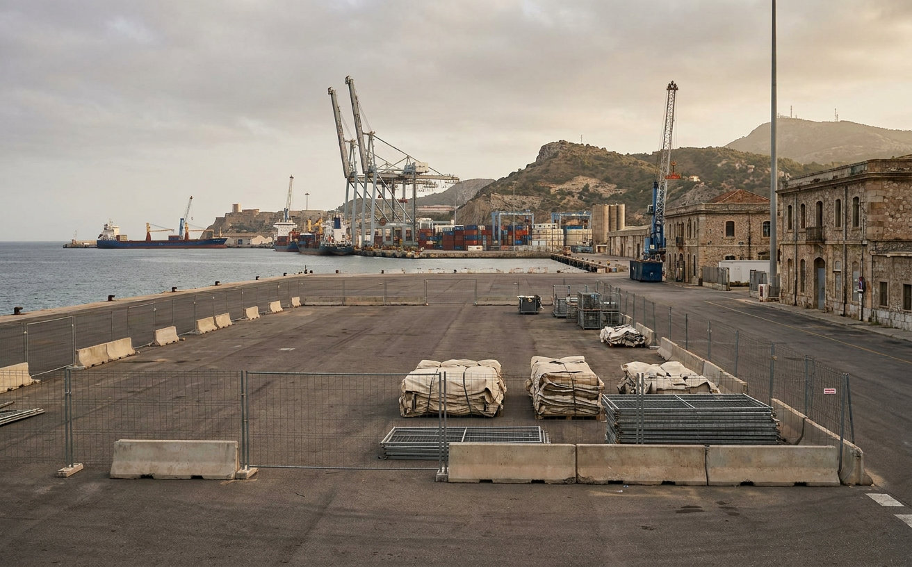 Blick auf das Hafengelände von Ceuta, auf dem eine vorübergehende Unterkunft für Migranten entstehen soll
