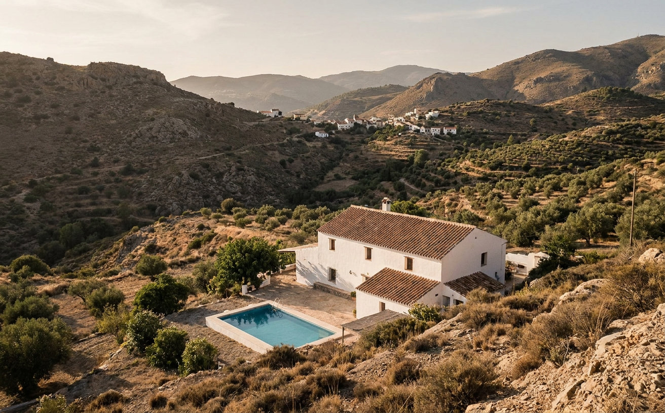 Ferienhaus mit Pool in der bergigen Landschaft der Provinz Málaga