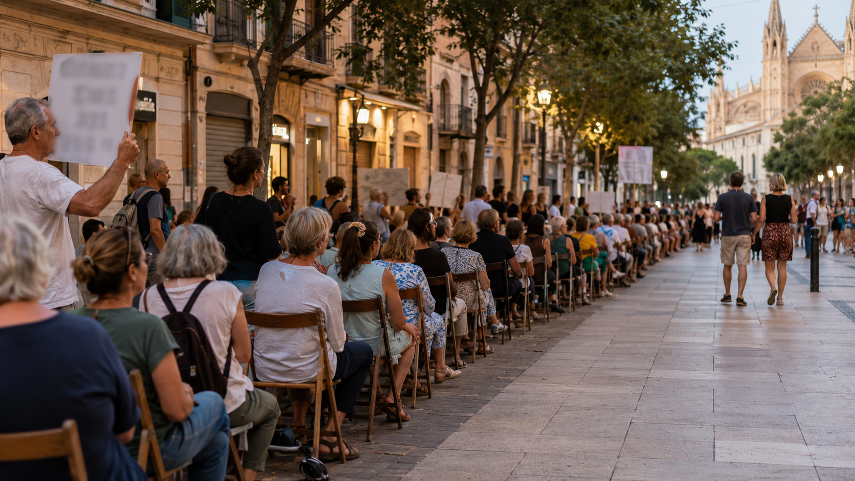 Friedliche Sitzaktion mit Stühlen in der Innenstadt von Palma
