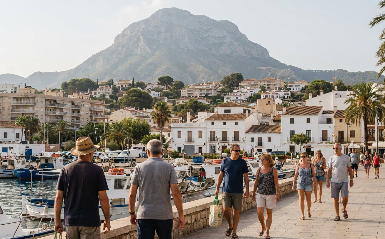 Blick auf Dénia an der Costa Blanca mit Hafen, Wohnhäusern und dem Montgó im Hintergrund