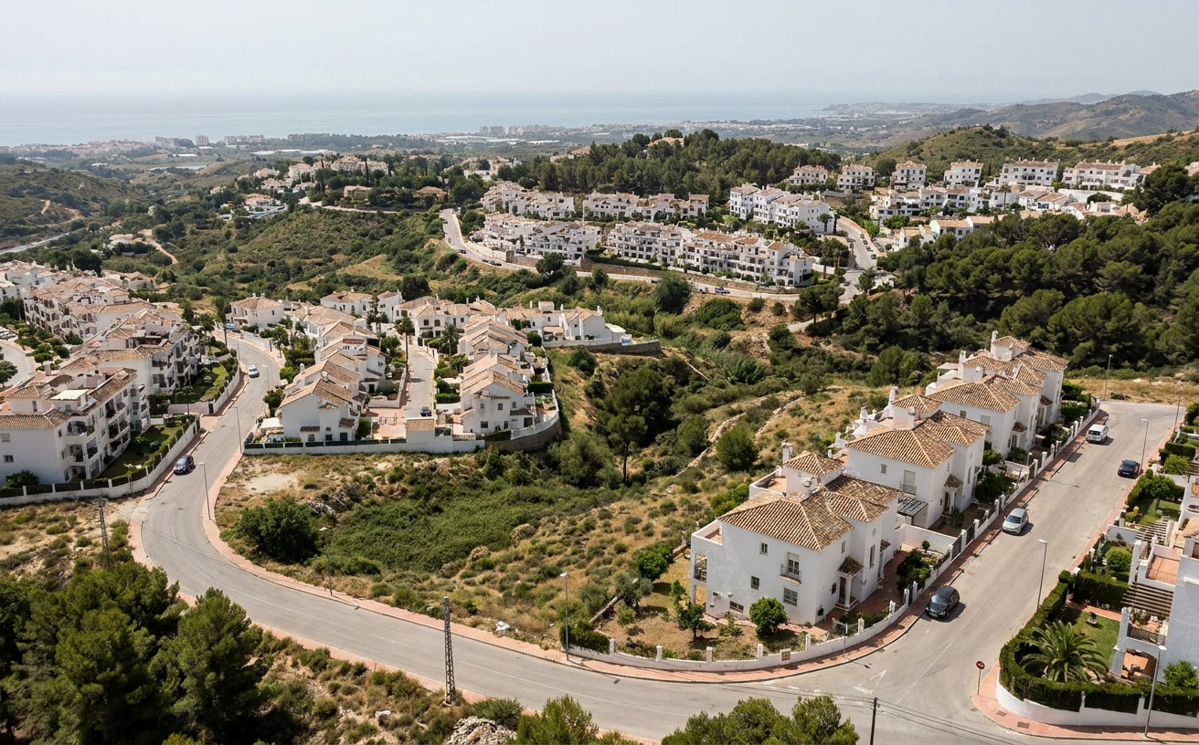 Wohnanlage mit Straßen, Grünflächen und Häusern in der Hügellandschaft von Mijas an der Costa del Sol