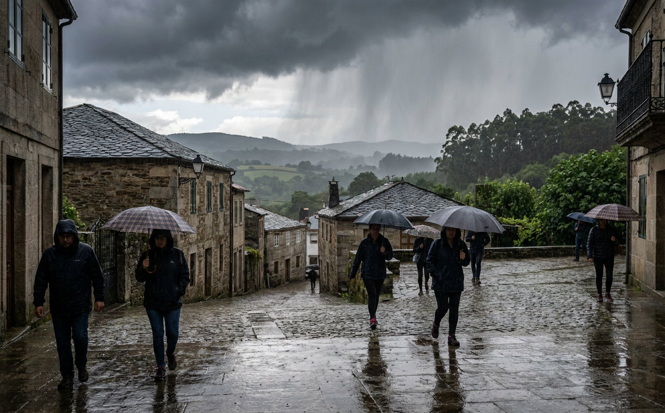 Dunkle Gewitterwolken und starker Regen über einer Stadt im Nordwesten Spaniens