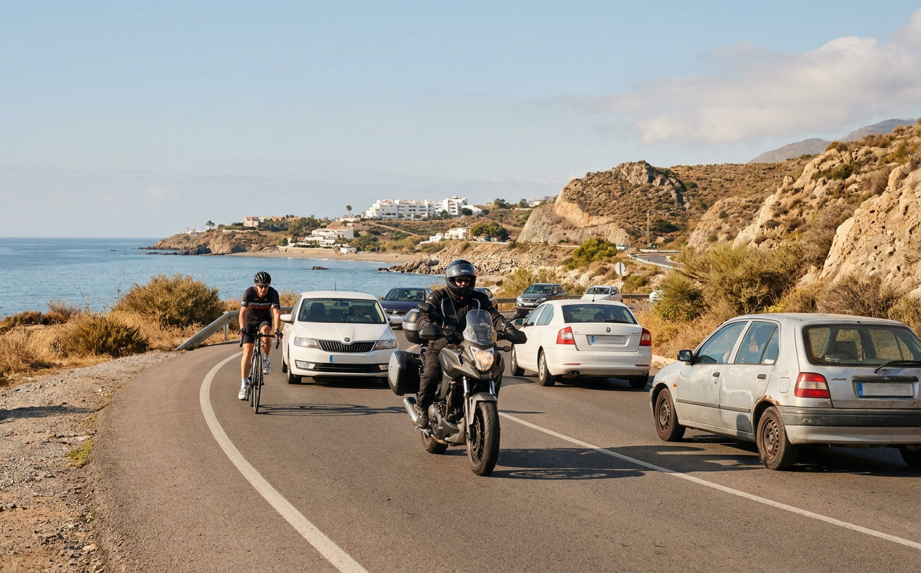Motorrad, Auto und Radfahrer auf einer Straße an der Costa del Sol