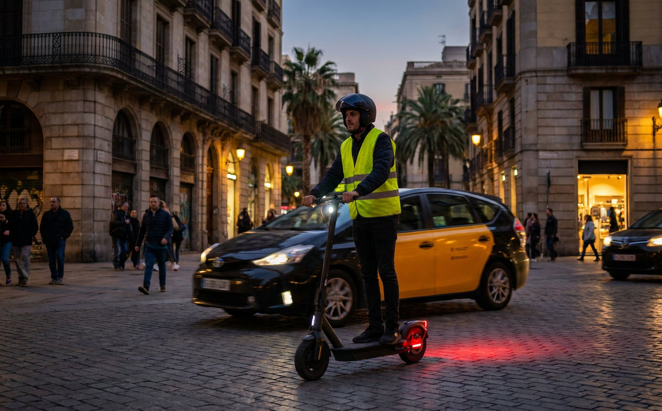 E-Scooter-Fahrer mit Helm und Warnweste auf einer städtischen Straße in Spanien