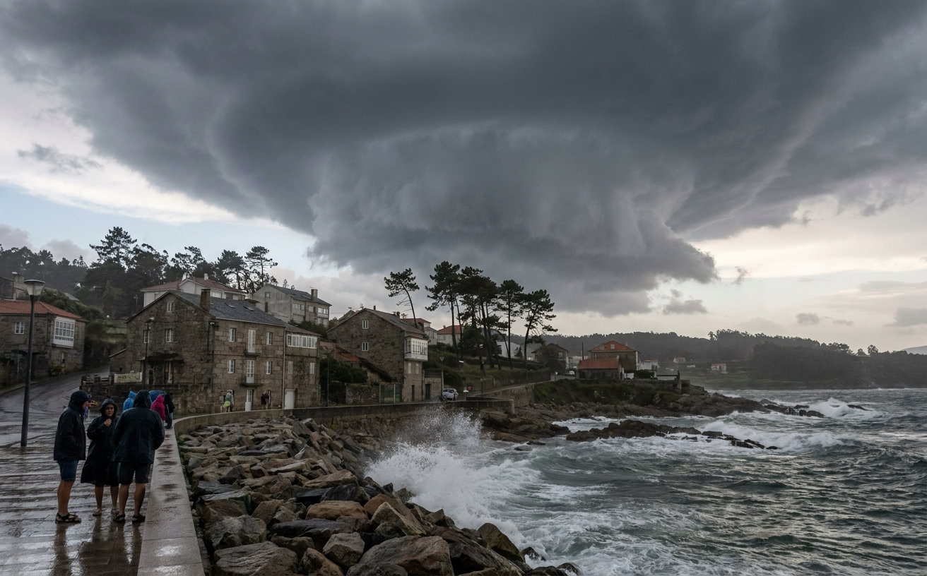 Dunkle Gewitterwolken und kräftiger Regen über einer spanischen Küstenlandschaft