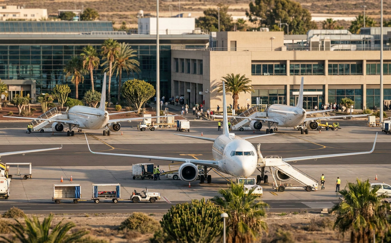 Passagierflugzeuge auf dem Vorfeld eines kanarischen Flughafens während des sommerlichen Rückreiseverkehrs