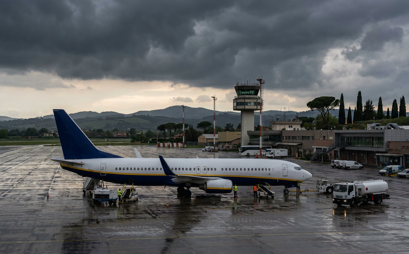 Ryanair-Flugzeug auf dem Vorfeld eines Flughafens vor einem bewölkten Himmel
