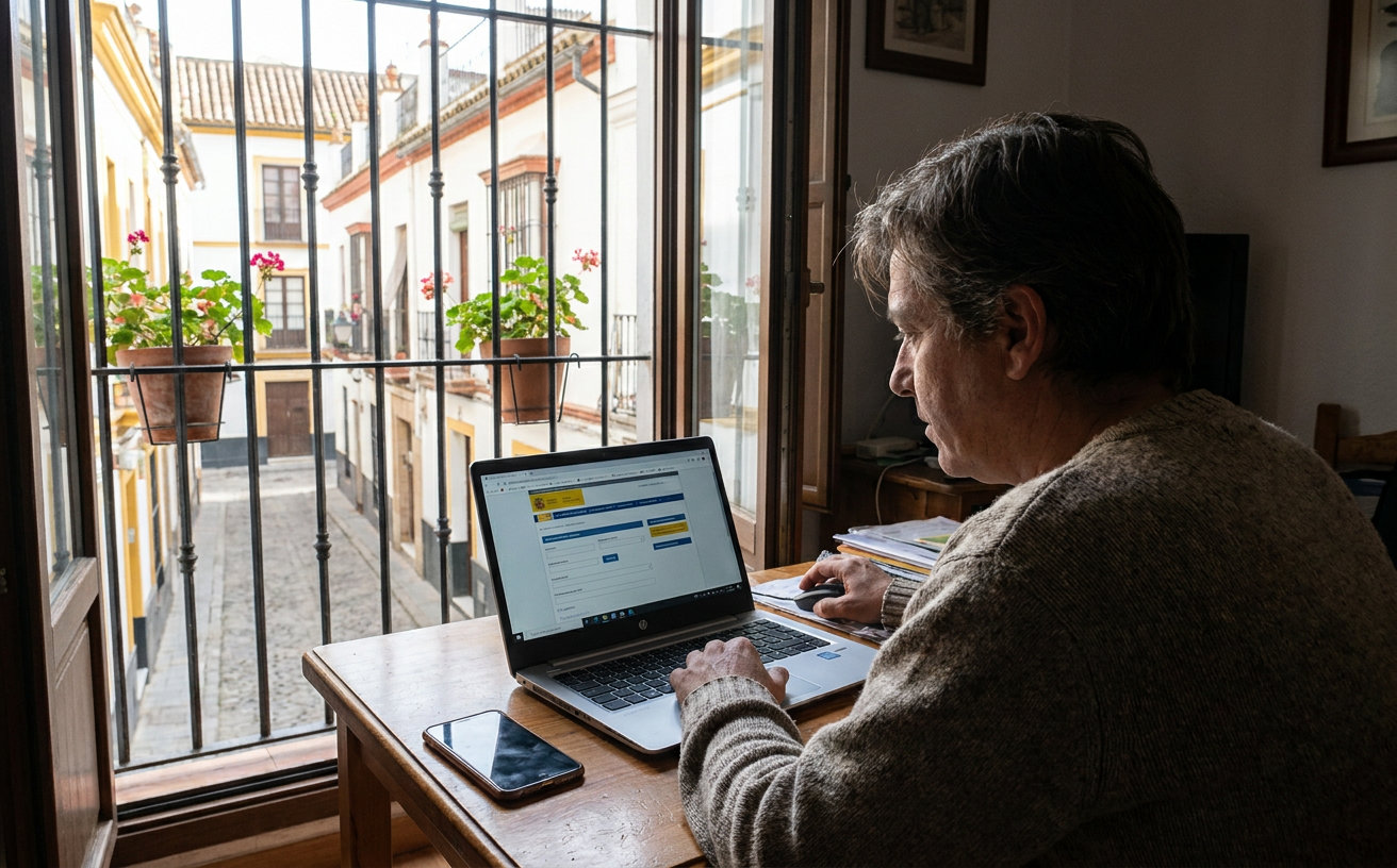 Frau prüft am Laptop das elektronische Portal der spanischen Sozialversicherung
