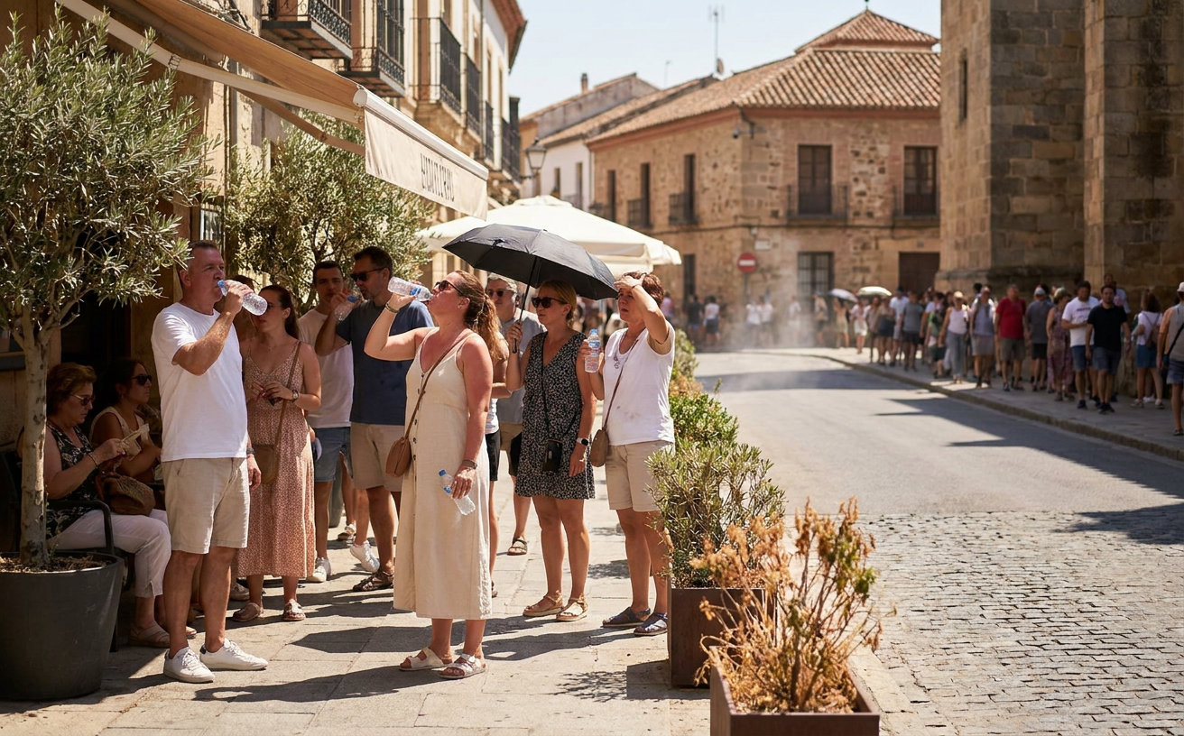 Menschen schützen sich auf einer sonnigen Straße in Córdoba vor der starken Septemberhitze