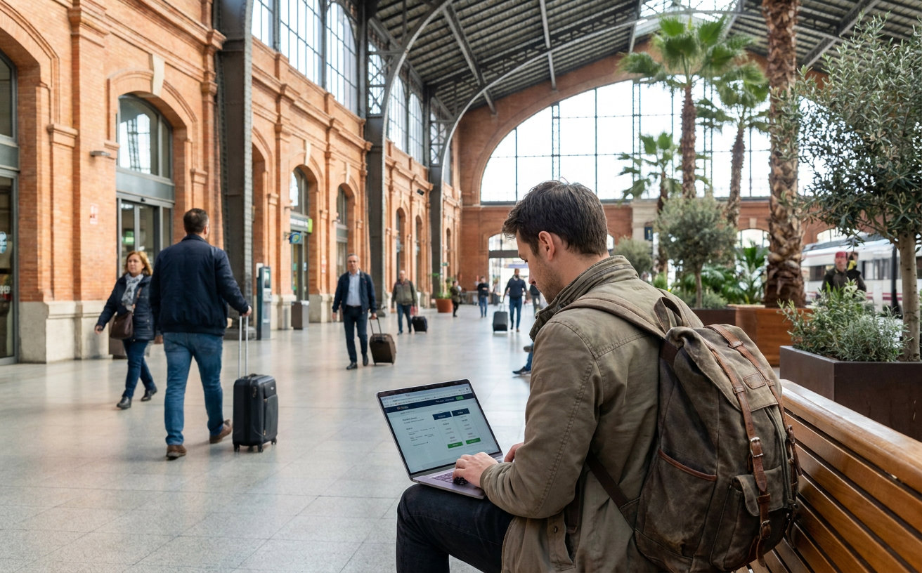 Reisende vergleicht auf einem Laptop in Spanien die Endpreise verschiedener Bahn- und Flugtickets