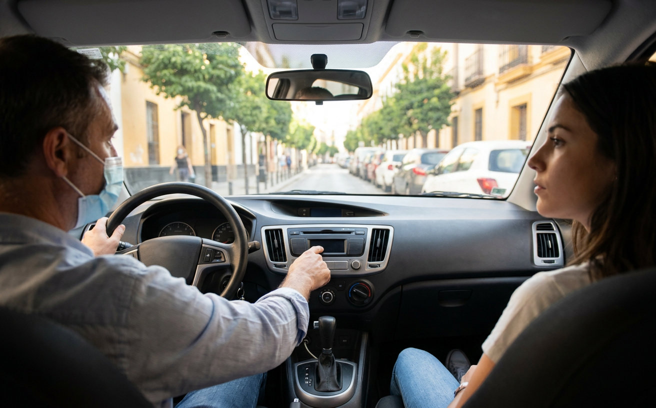 Fahrschüler am Steuer eines Automatikautos während einer Fahrstunde in einer spanischen Stadt