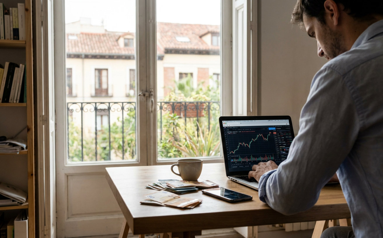Person nutzt eine Krypto-Handelsplattform auf einem Laptop neben spanischen Euro-Banknoten