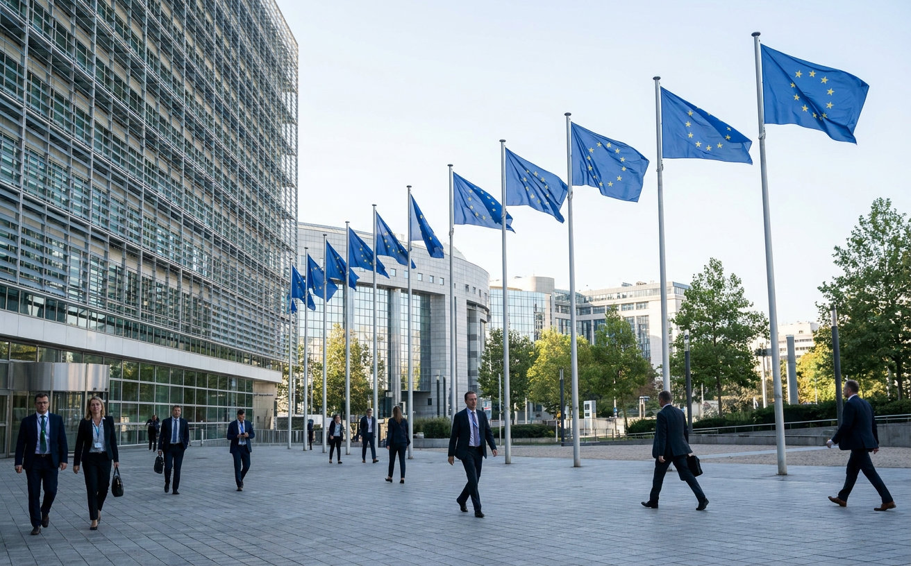Flaggen der Europäischen Union vor dem Gebäude des Europäischen Parlaments in Brüssel