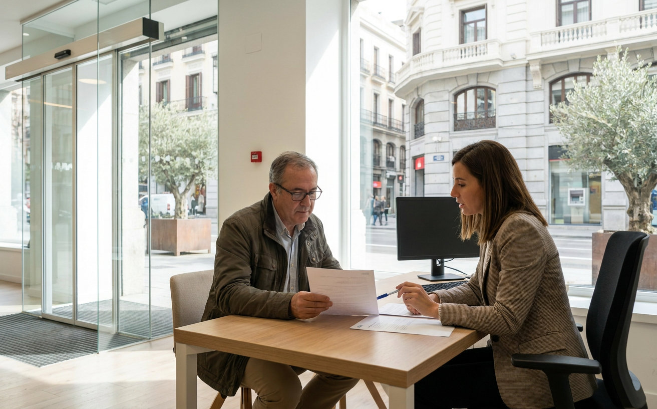 Person prüft in einer spanischen Bank Unterlagen zu einem Konsumkredit