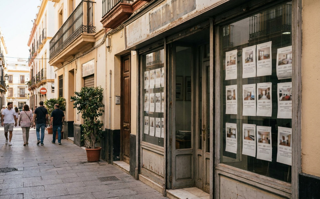 Schaufenster eines Immobilienbüros in Spanien mit Wohnungsangeboten
