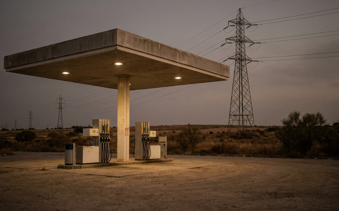 Stromleitungen und eine Tankstelle in Spanien vor dem Hintergrund steigender Energiepreise
