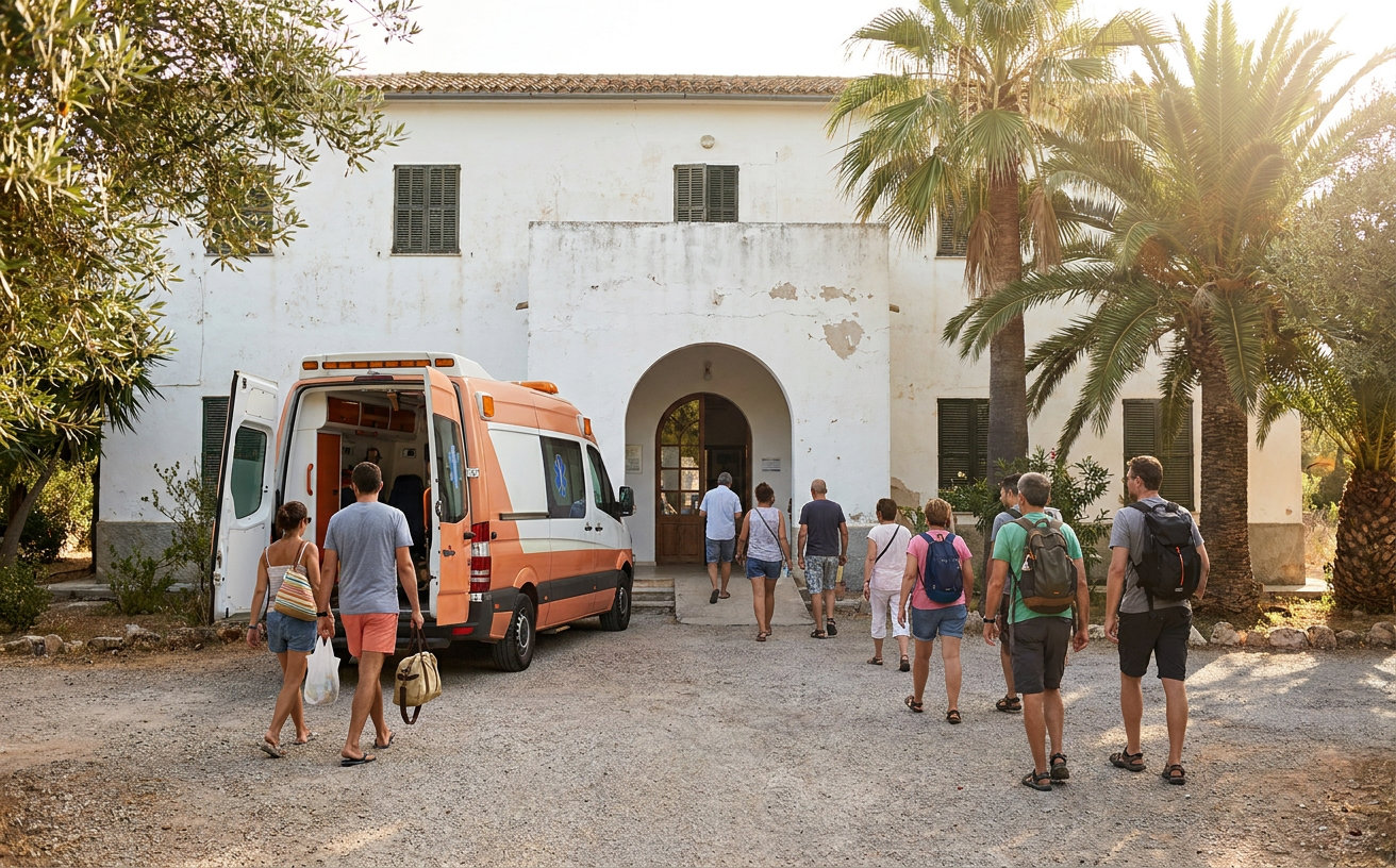Außenansicht eines öffentlichen Gesundheitszentrums auf Mallorca mit Krankenwagen vor dem Eingang
