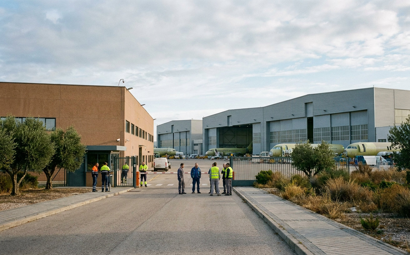 Airbus-Werksgelände in Spanien mit Produktionshallen und einem Verkehrsflugzeug