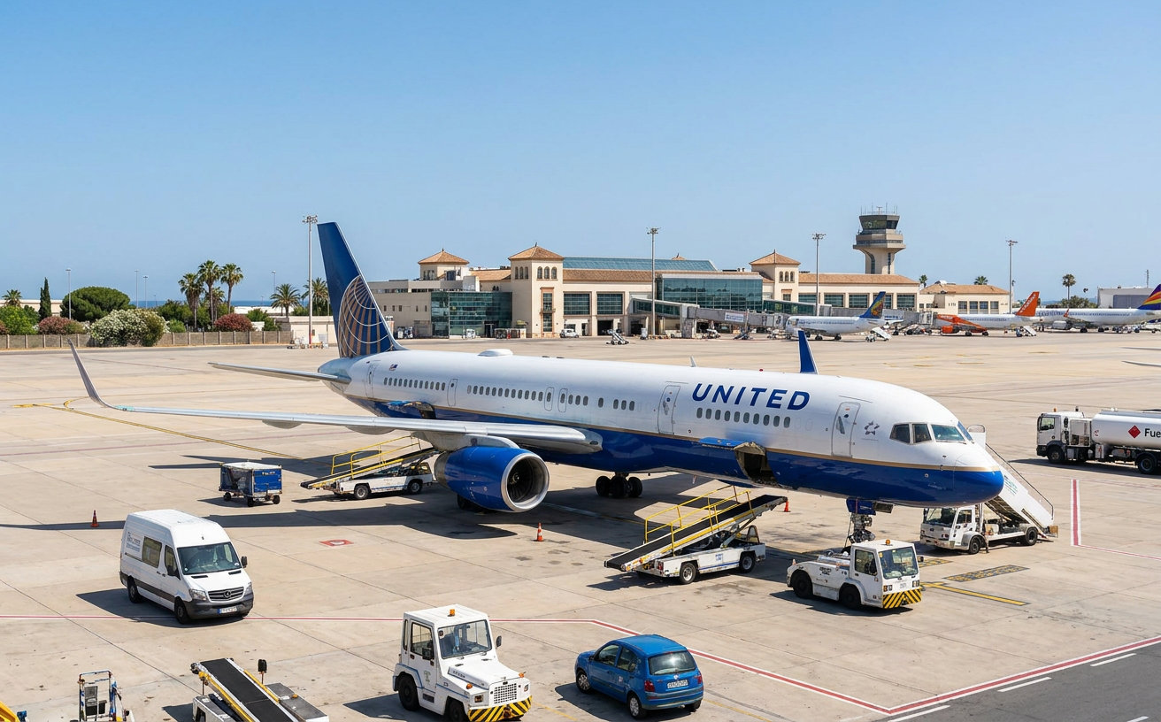 Eine Boeing 757 von United Airlines auf dem Vorfeld des Flughafens Málaga an der Costa del Sol