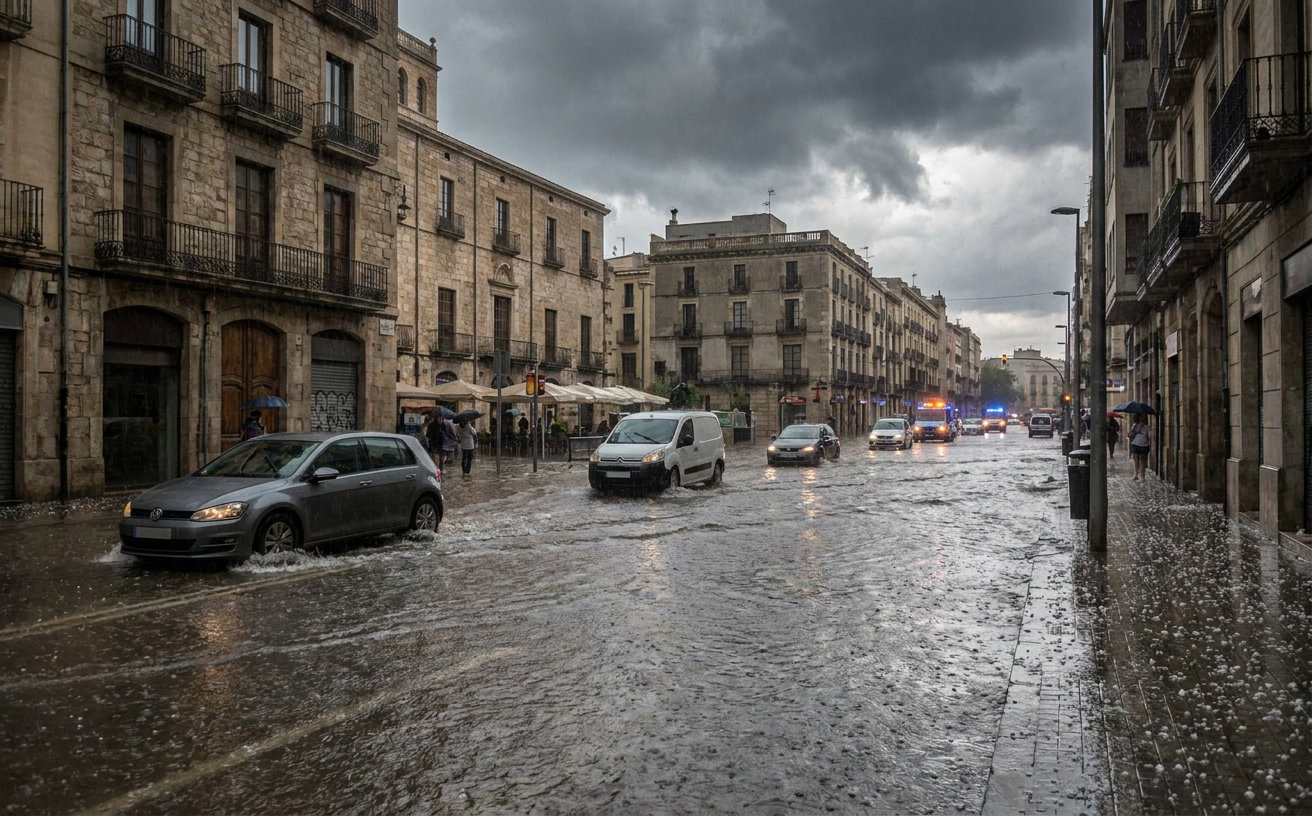 Überflutete Straße in Tarragona während eines schweren Gewitters mit Hagel und Starkregen