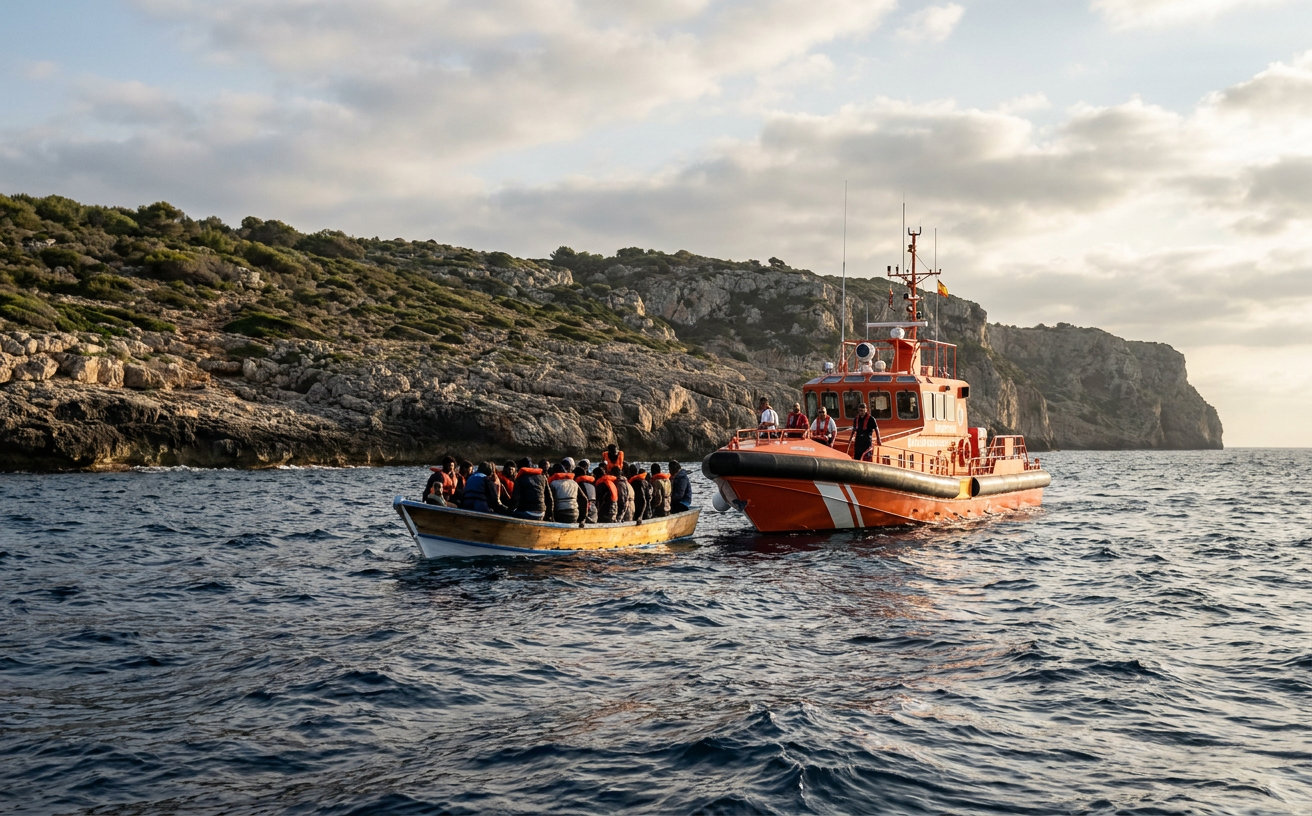 Kleines Migrantenboot auf dem Meer vor der Küste der Balearen