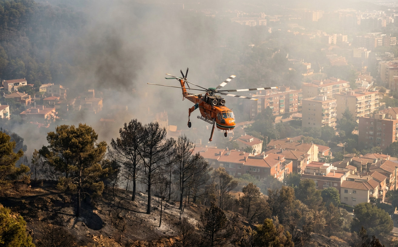 Löschhubschrauber über dem verbrannten Waldgebiet im Collserola-Park bei Barcelona