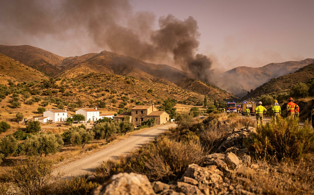 Rauch steigt über einer bergigen Landschaft bei Las Tres Villas in der Provinz Almería auf