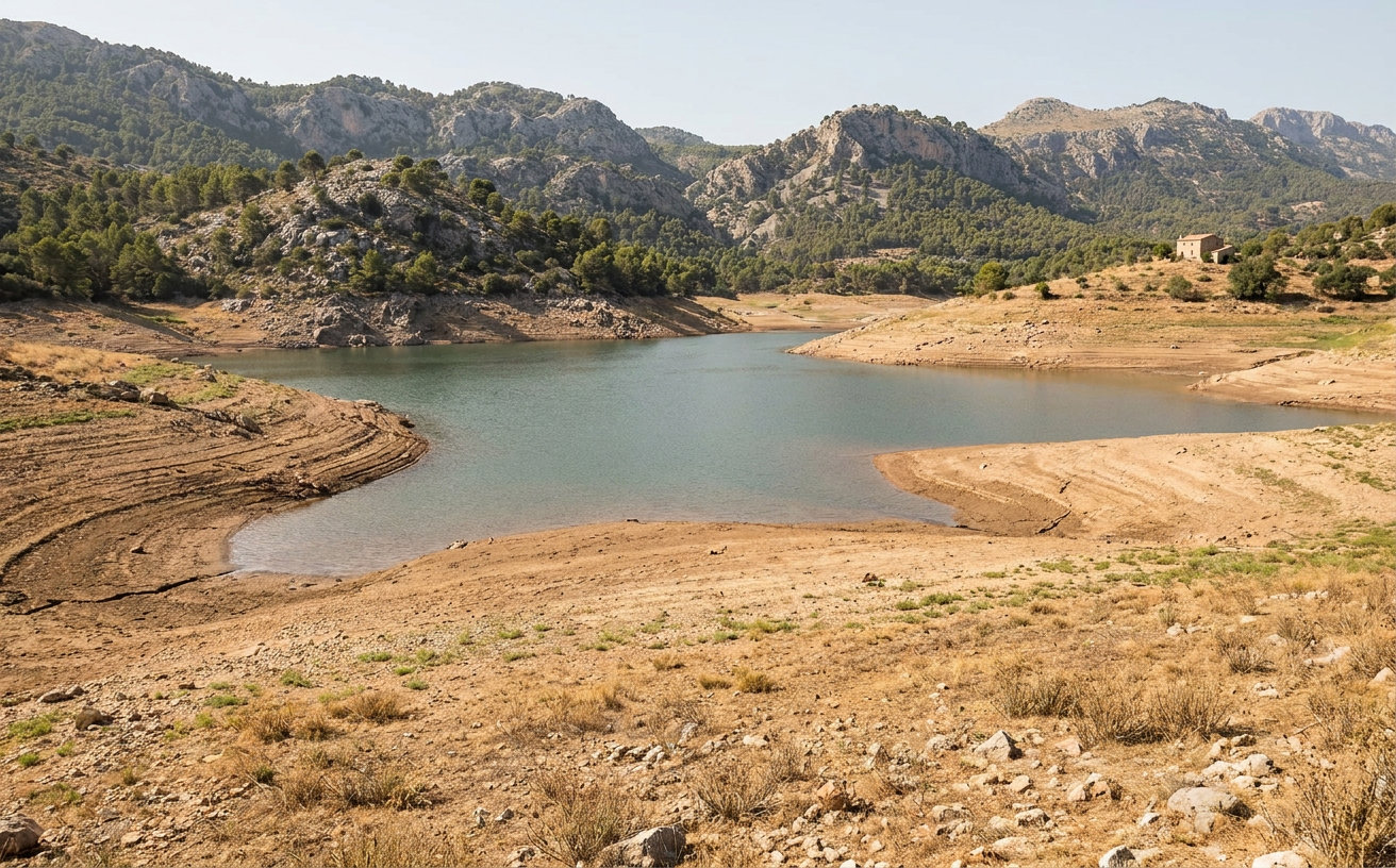 Der Stausee Gorg Blau in der Serra de Tramuntana auf Mallorca bei niedrigem Wasserstand
