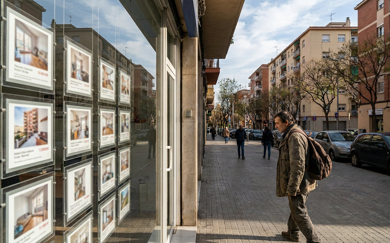 Ein Mann geht am Schaufenster eines Immobilienbüros im Großraum Barcelona vorbei.