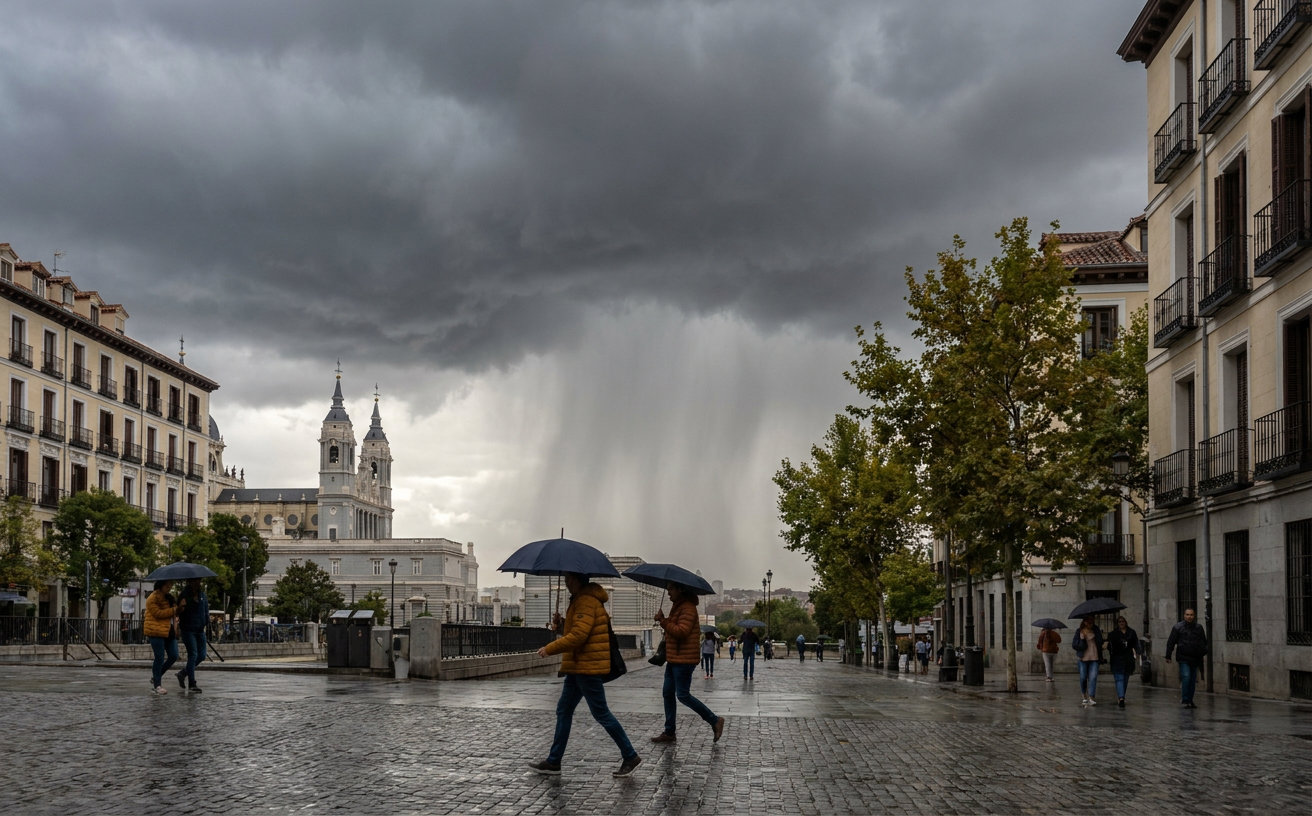 Dunkle Gewitterwolken über einer spanischen Stadt nach einem starken Wetterumschwung Ende August