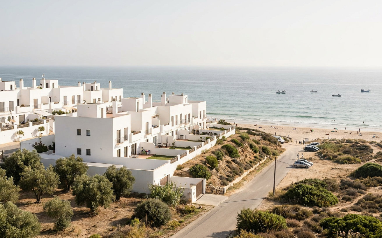 Wohnhäuser und Ferienapartments an einem Strand der andalusischen Küste