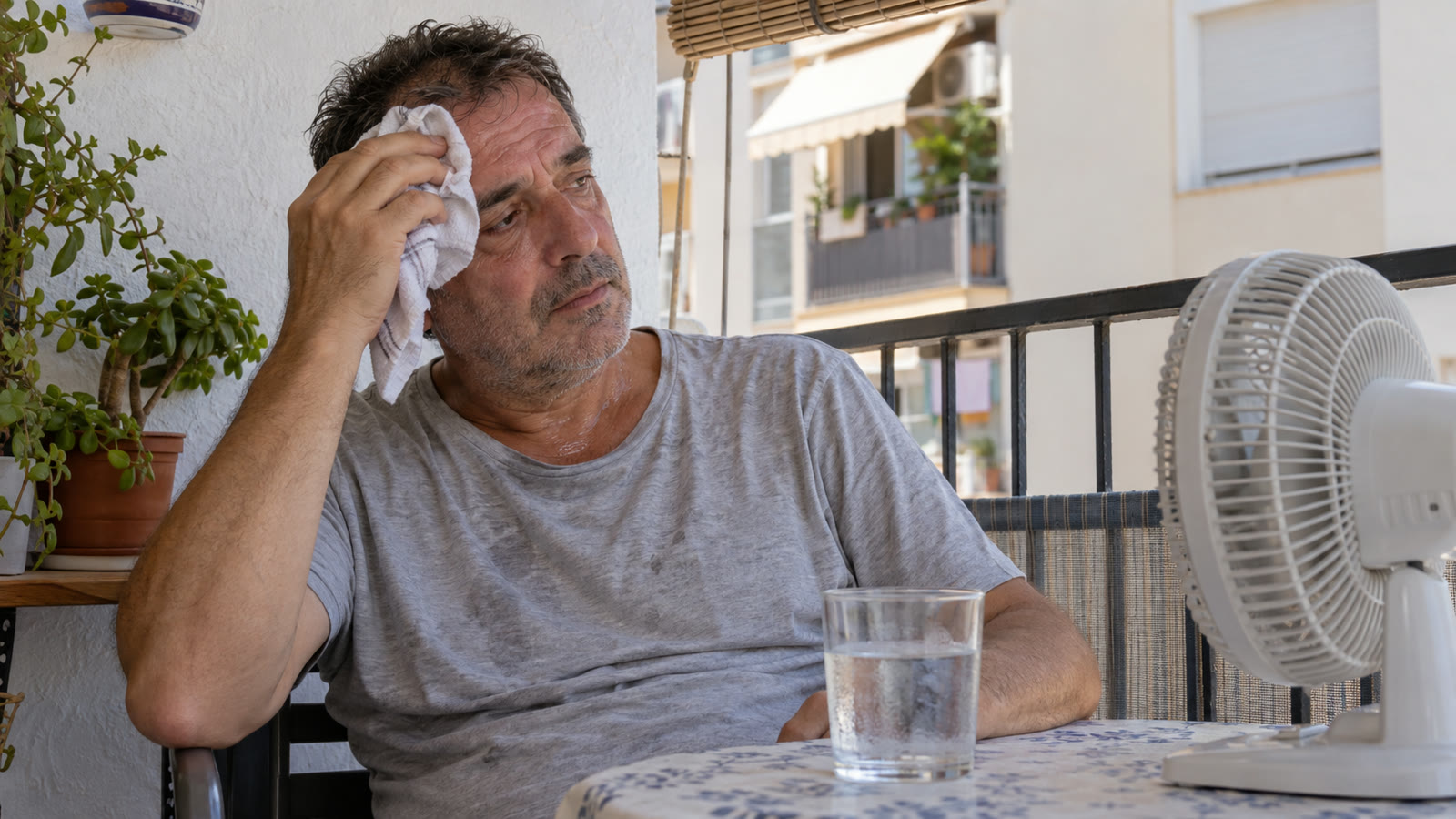 Mann mit Ventilator und Wasserglas auf einem schattigen Balkon.