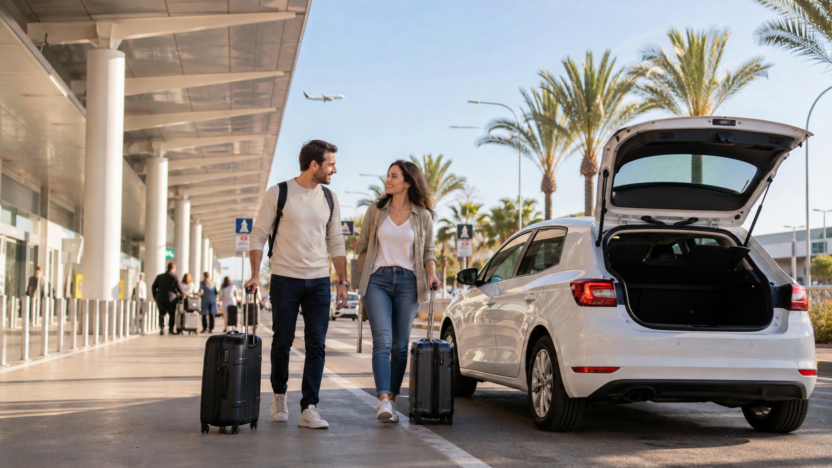 Reisende mit Koffern neben einem Mietwagen am Flughafen Málaga