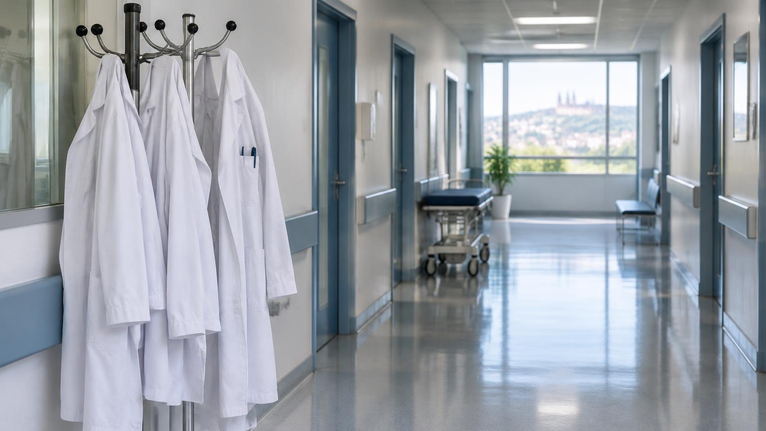 Leerer Klinikflur mit weißen Arztkitteln an der Garderobe