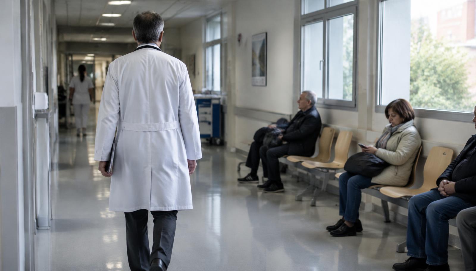 Arzt geht durch einen Krankenhausflur mit wartenden Patienten (KI-generierte Illustration)