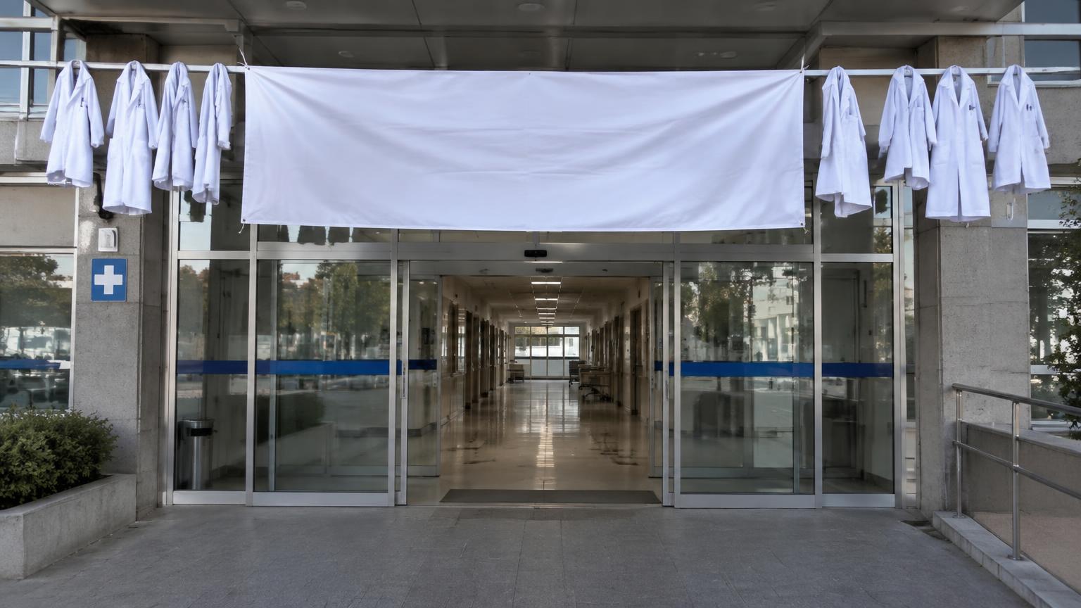 Arztkittel und leeres Transparent am Eingang eines spanischen Krankenhauses