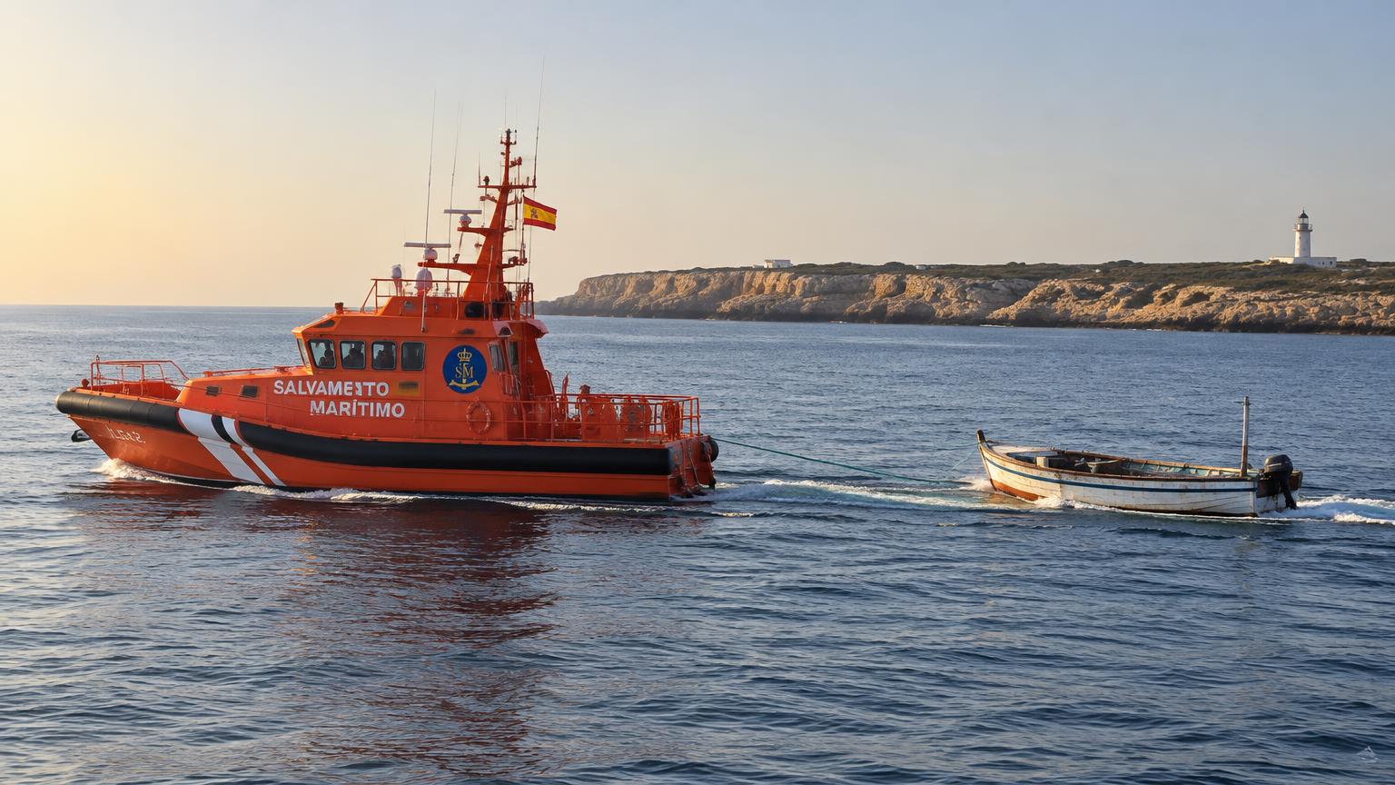 Rettungsschiff von Salvamento Marítimo schleppt ein kleines Holzboot vor einer Felsküste