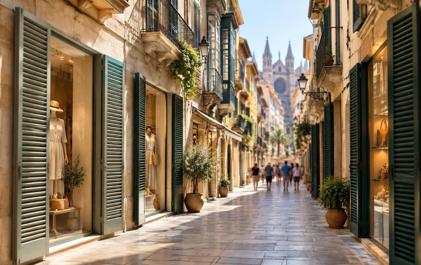 Einkaufsgasse in einer Altstadt mit Schaufenstern und grünen Fensterläden, KI-Illustration