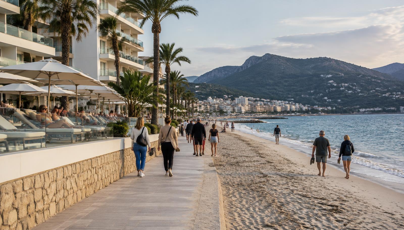 Strandpromenade auf Mallorca mit gehobenem Hotel und Spaziergängern im Herbstlicht (KI-generierte Illustration)