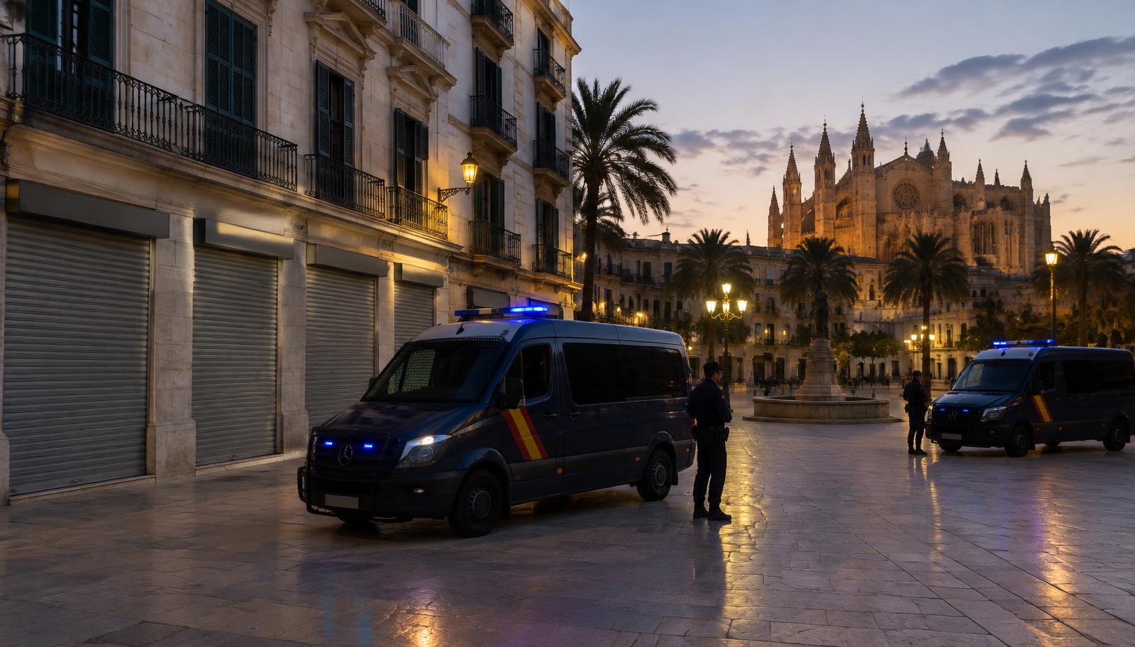 Geschlossene Läden und Polizeifahrzeuge an einem Platz in Palma in der Dämmerung