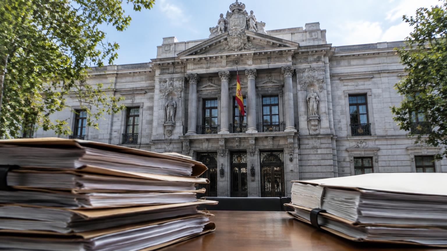 Aktenstapel vor einem Gerichtsgebäude in Madrid