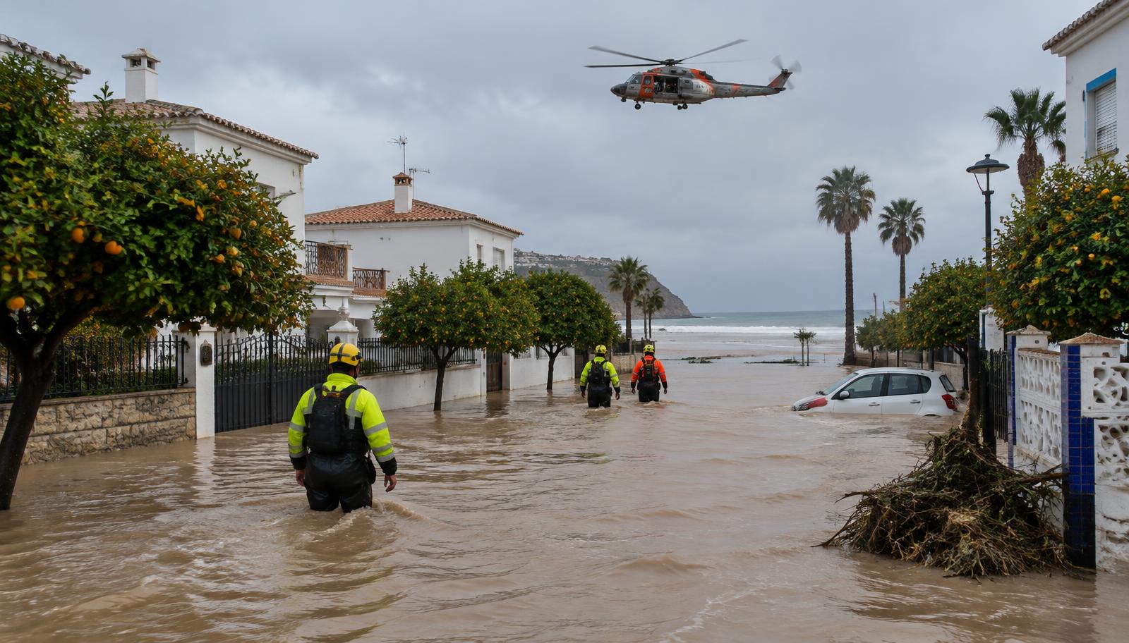 Überschwemmte Straße in einem Küstenort an der Costa Blanca Nord, Rettungskräfte im Wasser und ein Hubschrauber (KI-generierte Illustration)